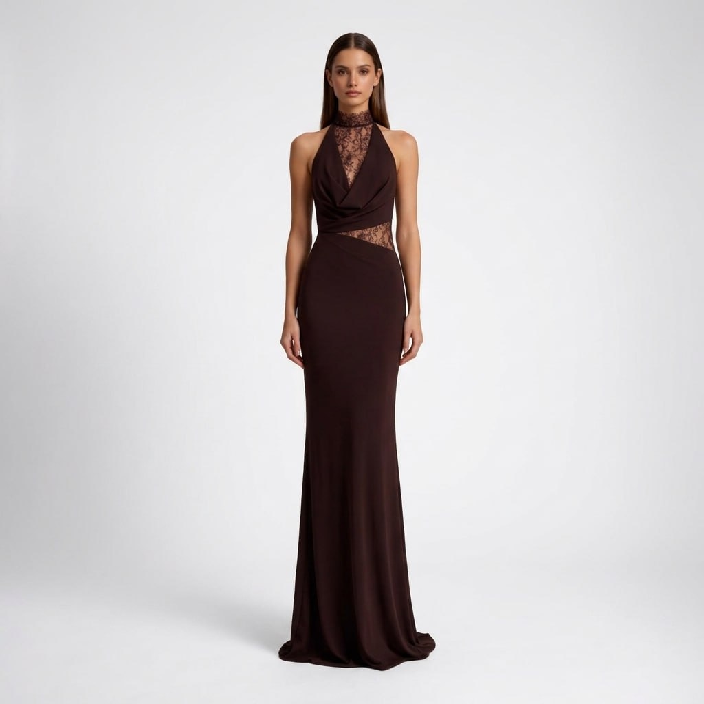Modelka w eleganckiej brązowej sukience maxi z koronkowym dekoltem halter przód