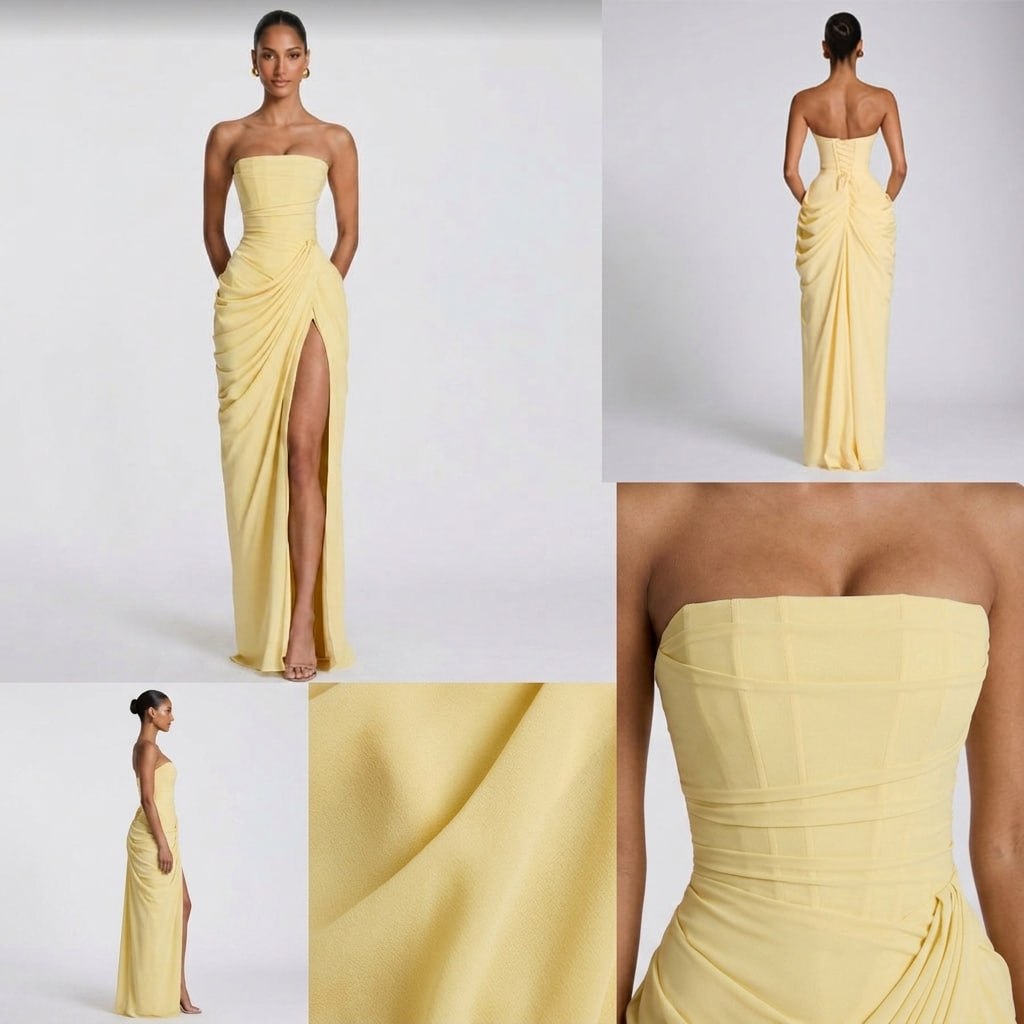 Elegancka sukienka maxi bez ramiączek z wysokim rozcięciem na nogę