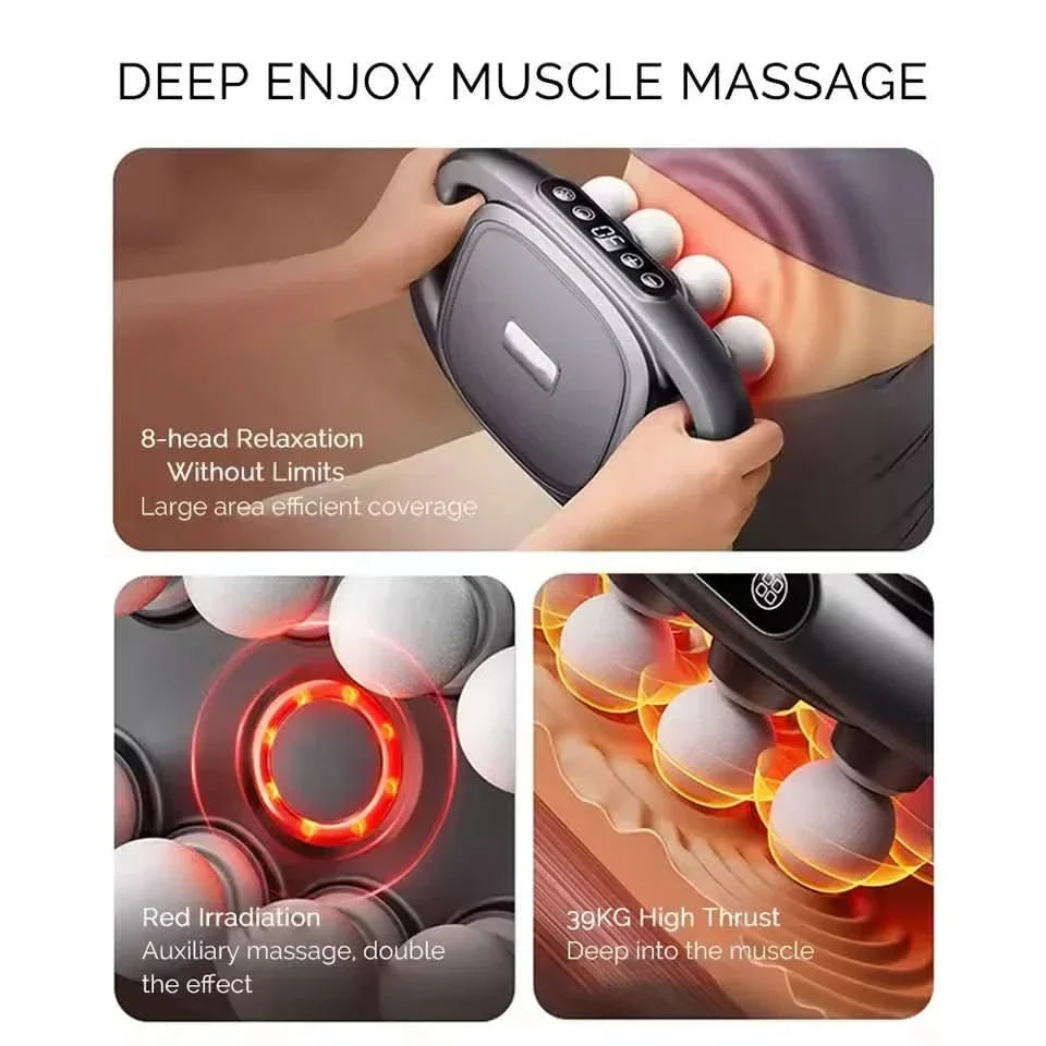 Zestaw pistoletu do masażu z 8 wymiennymi końcówkami do terapii mięśni, regeneracji i wellness.