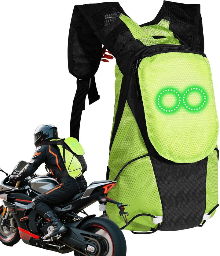 Ergonomiczny plecak motocyklowy LED, z jasnymi diodami dla bezpieczeństwa nocą.