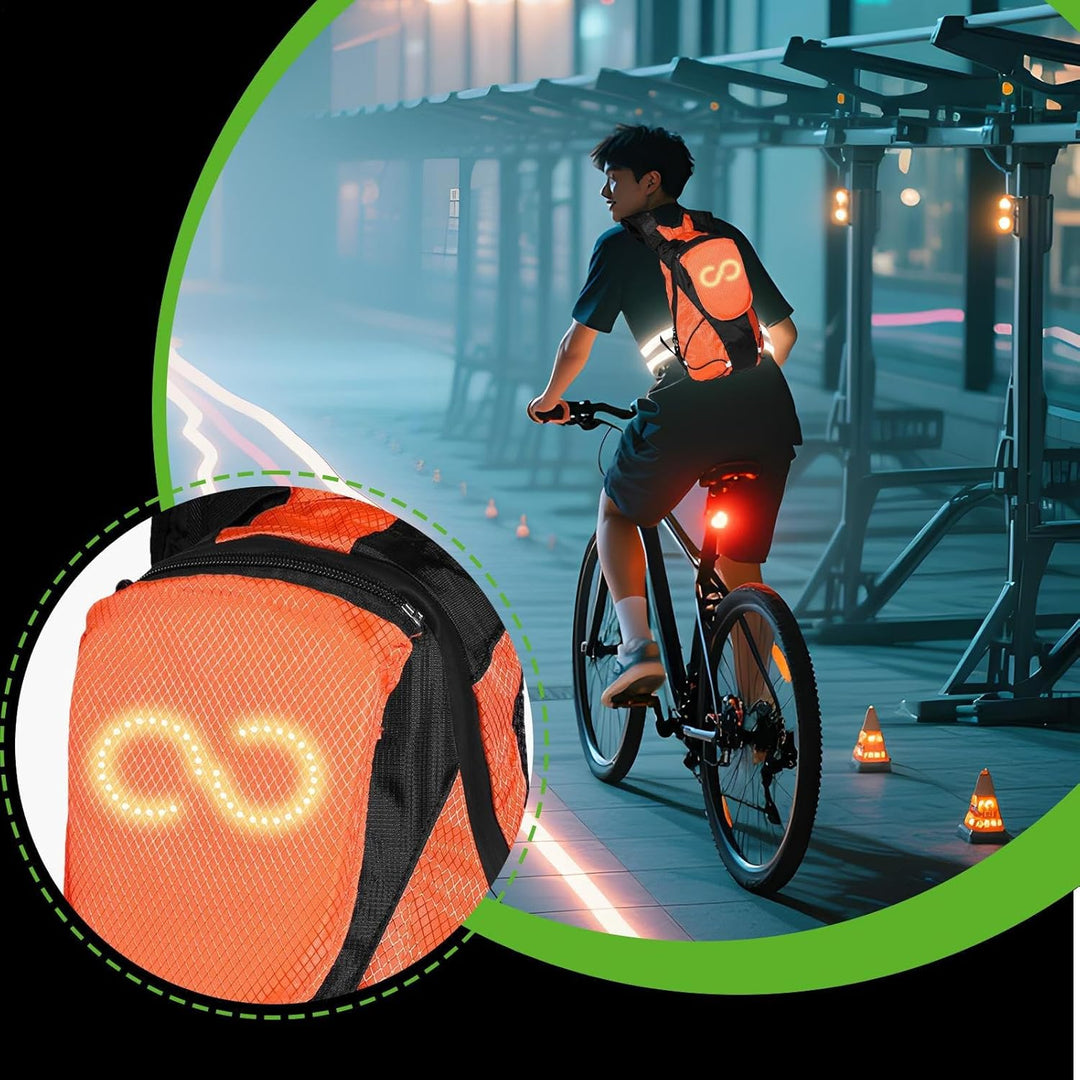 Pomarańczowy plecak motocyklowy LED, gwarantuje widoczność i bezpieczeństwo w ruchu.