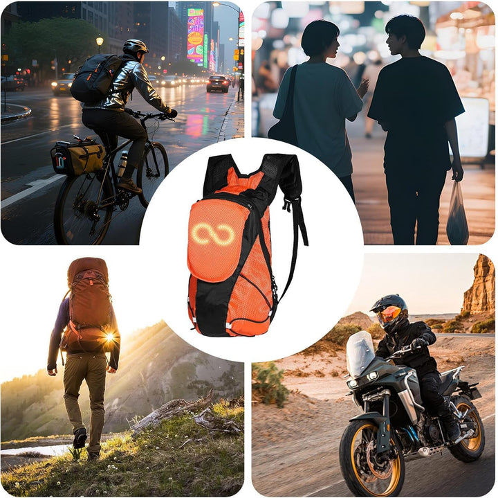Zielony plecak motocyklowy LED, zapewnia bezpieczeństwo i styl na drodze nocą.
