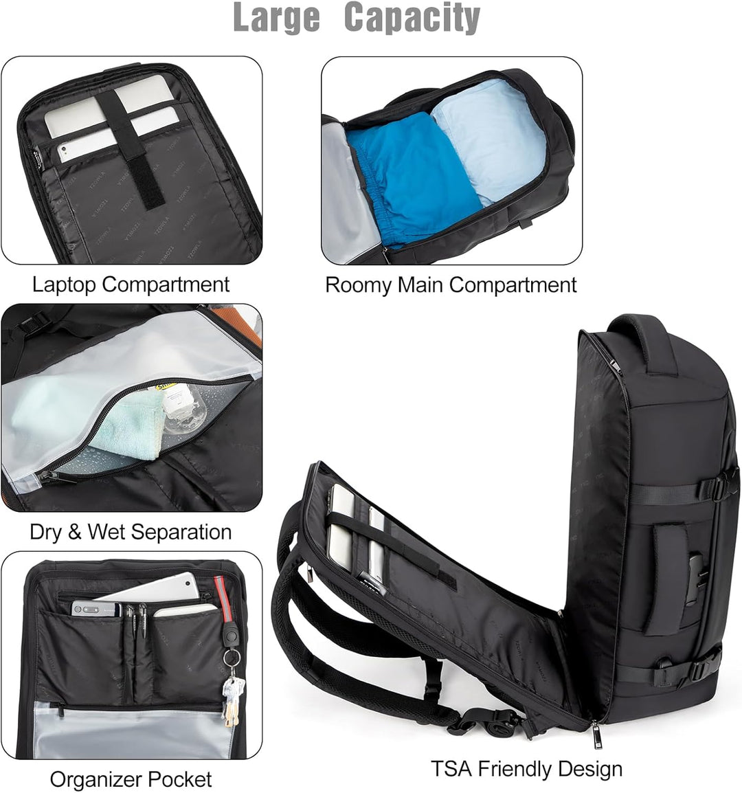 Plecak podróżny unisex 40L na laptopa 17,3" z portem USB, wodoodporny, duża pojemność, czarny kolor.