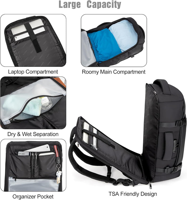 Plecak podróżny unisex 40L na laptopa 17,3" z portem USB, wodoodporny, duża pojemność, czarny kolor.