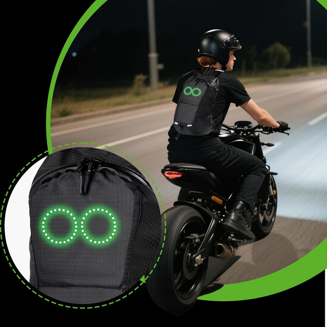 Widok na tył plecaka LED Nexora, podkreślający innowacyjny, audio-reaktywny panel świetlny.