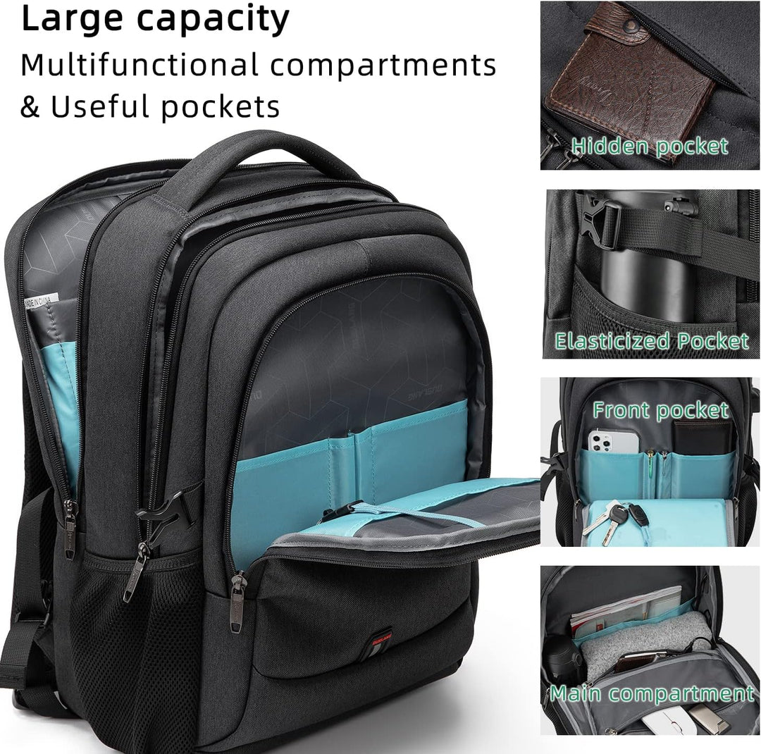 Czarny, wodoodporny plecak unisex, na laptopa 15.6, z portem USB i wentylowanymi plecami.