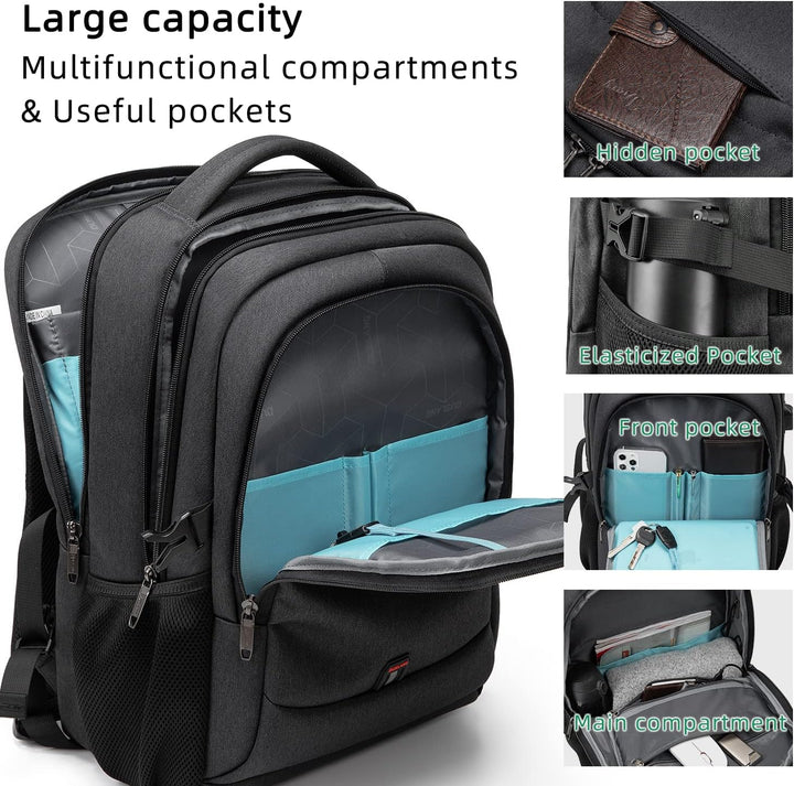 Czarny, wodoodporny plecak unisex, na laptopa 15.6, z portem USB i wentylowanymi plecami.