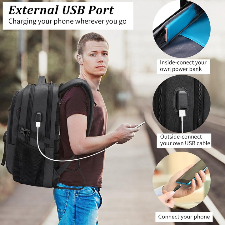 Solidny plecak unisex, wodoodporny, z USB, na laptopa, z dużą główną komorą.