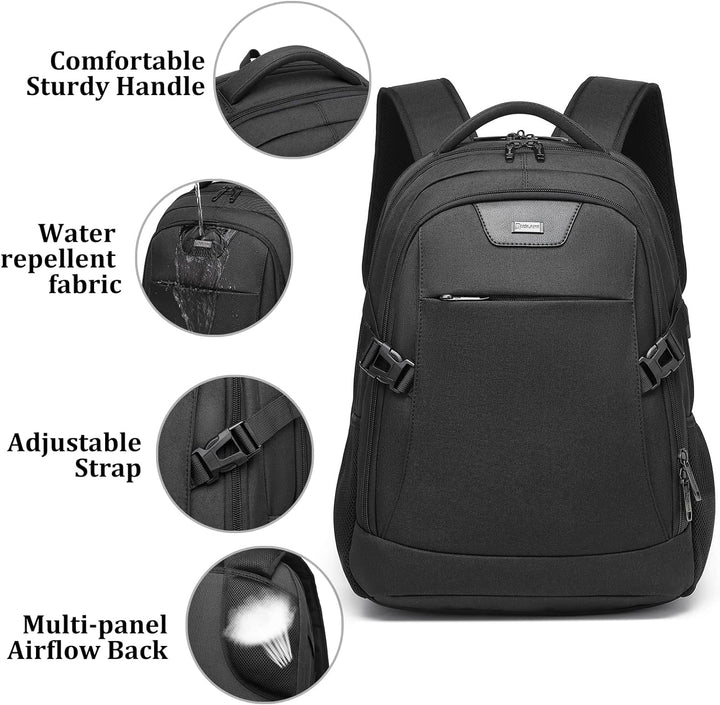 Czarny plecak unisex, wodoodporny, z USB, na laptopa, z wyściełaną przegrodą.