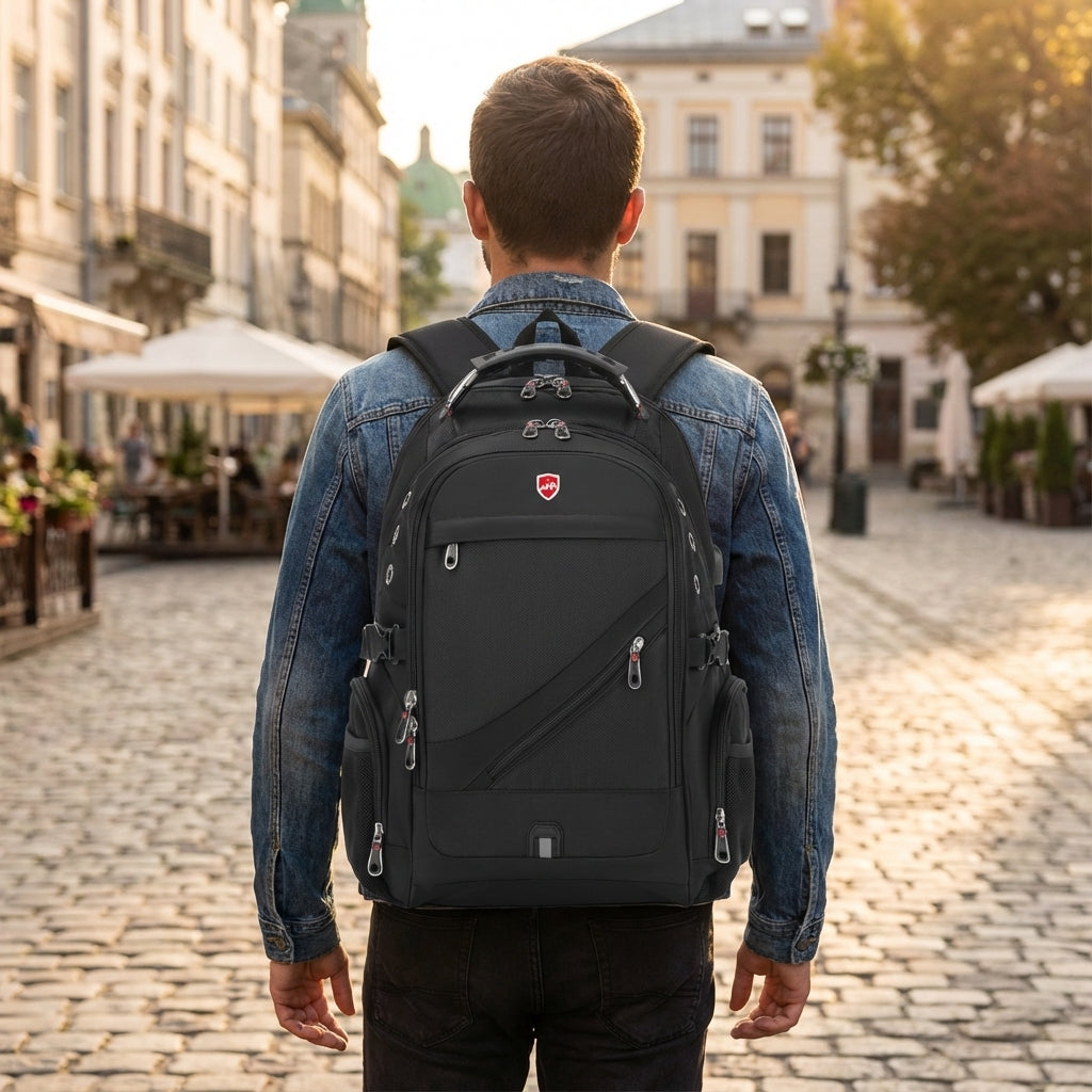Plecak podróżny VoyageVault antykradzieżowy, wodoodporny, z portem USB, idealny na laptopa i jako bagaż.