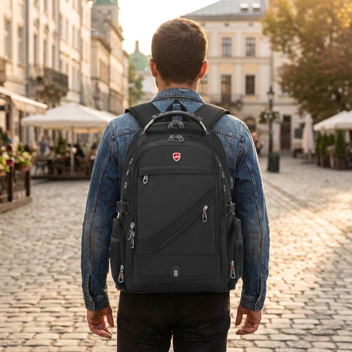 Plecak podróżny VoyageVault antykradzieżowy, wodoodporny, z portem USB, idealny na laptopa i jako bagaż.