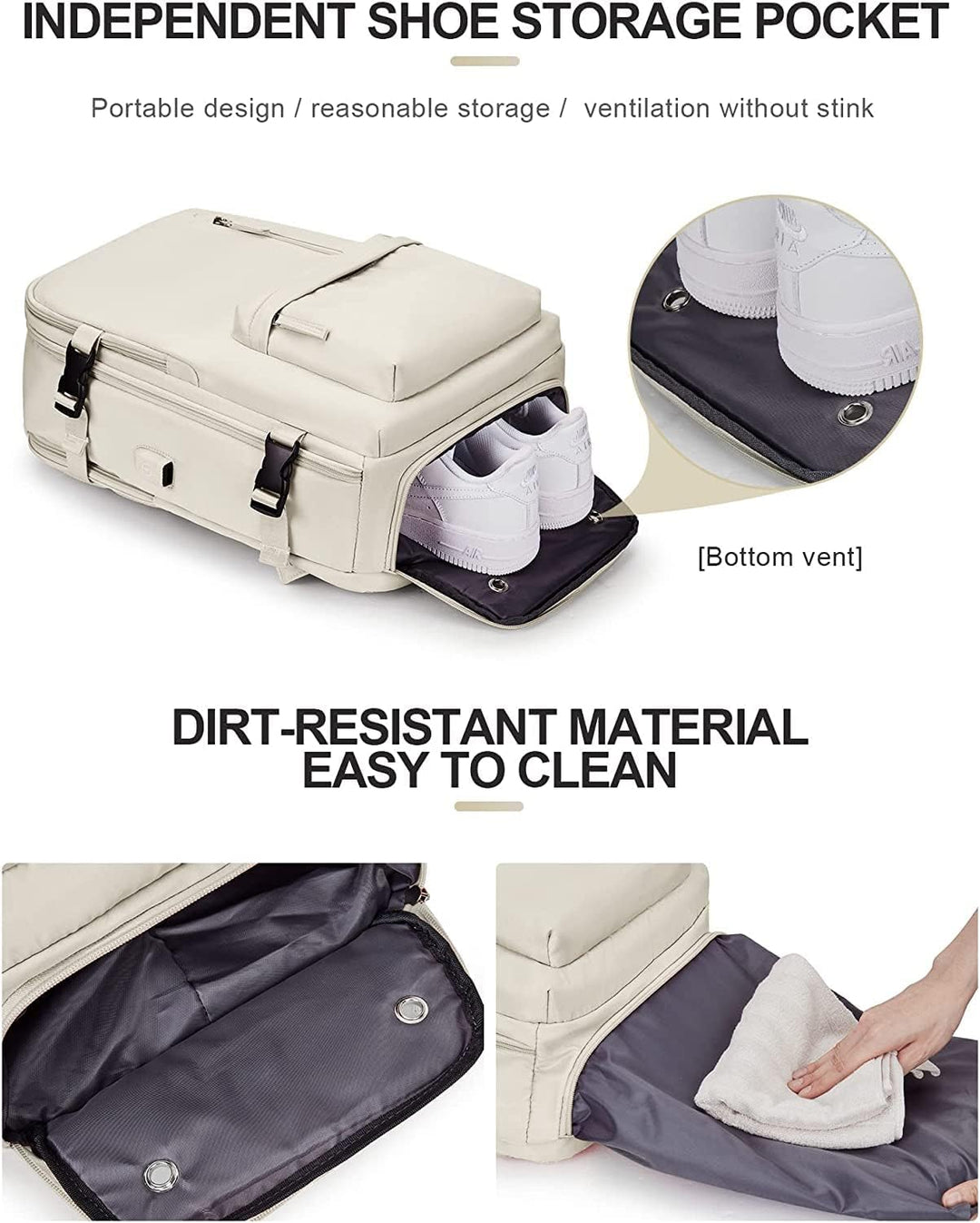 Czarny plecak turystyczny, wodoodporny, z wieloma kieszeniami, na laptopa 14", portem USB i butami.