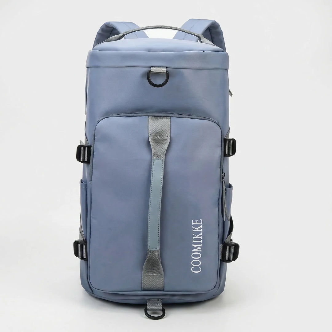 Detale plecaka turystycznego sportowego, wodoodporny materiał, z komorą na buty, na trekking.