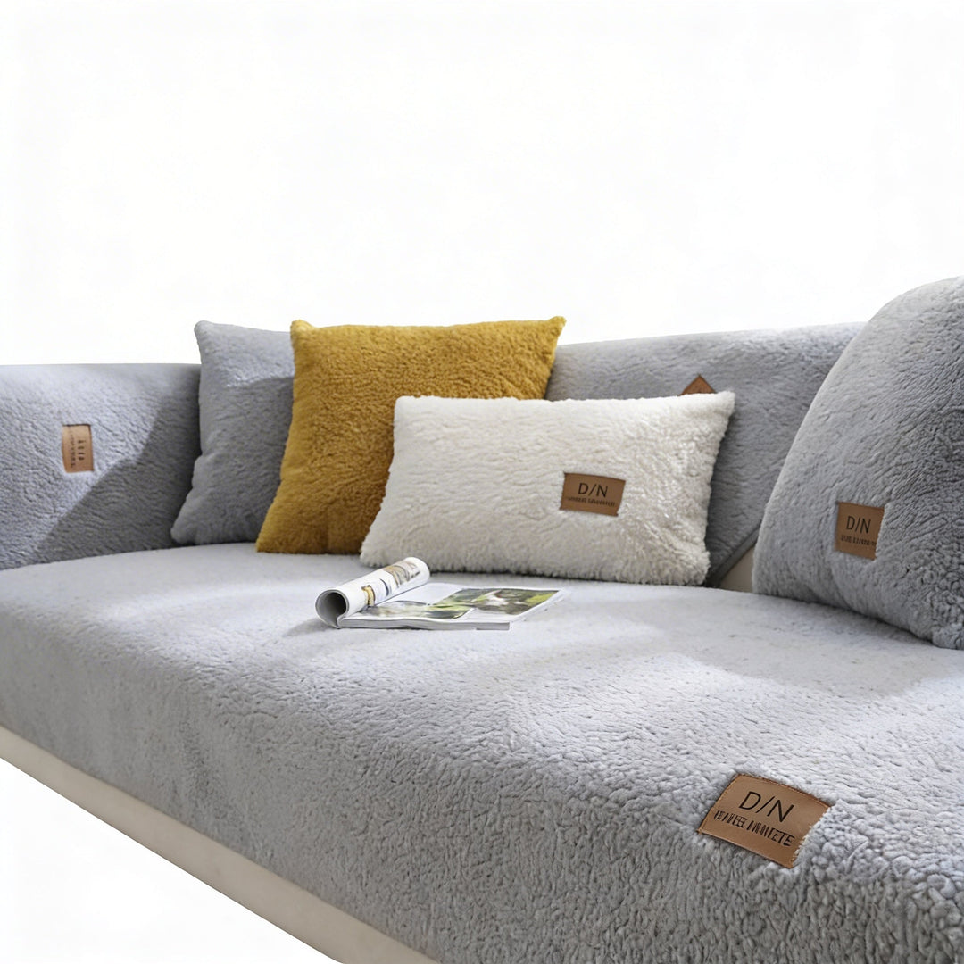 Szary puszysty pokrowiec na sofę z antypoślizgowym spodem
