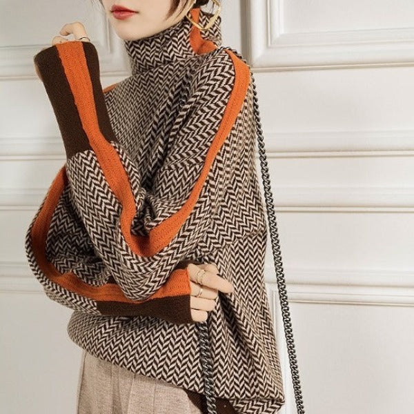 Pomarańczowy damski sweter z golfem w prążki. Elegancki i komfortowy, idealny do jesiennych stylizacji.