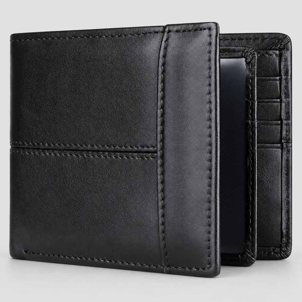 Męski czarny portfel bifold z widocznymi przeszyciami