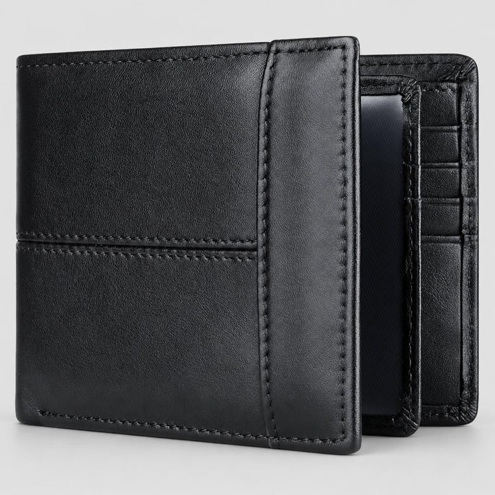 Męski czarny portfel bifold z widocznymi przeszyciami