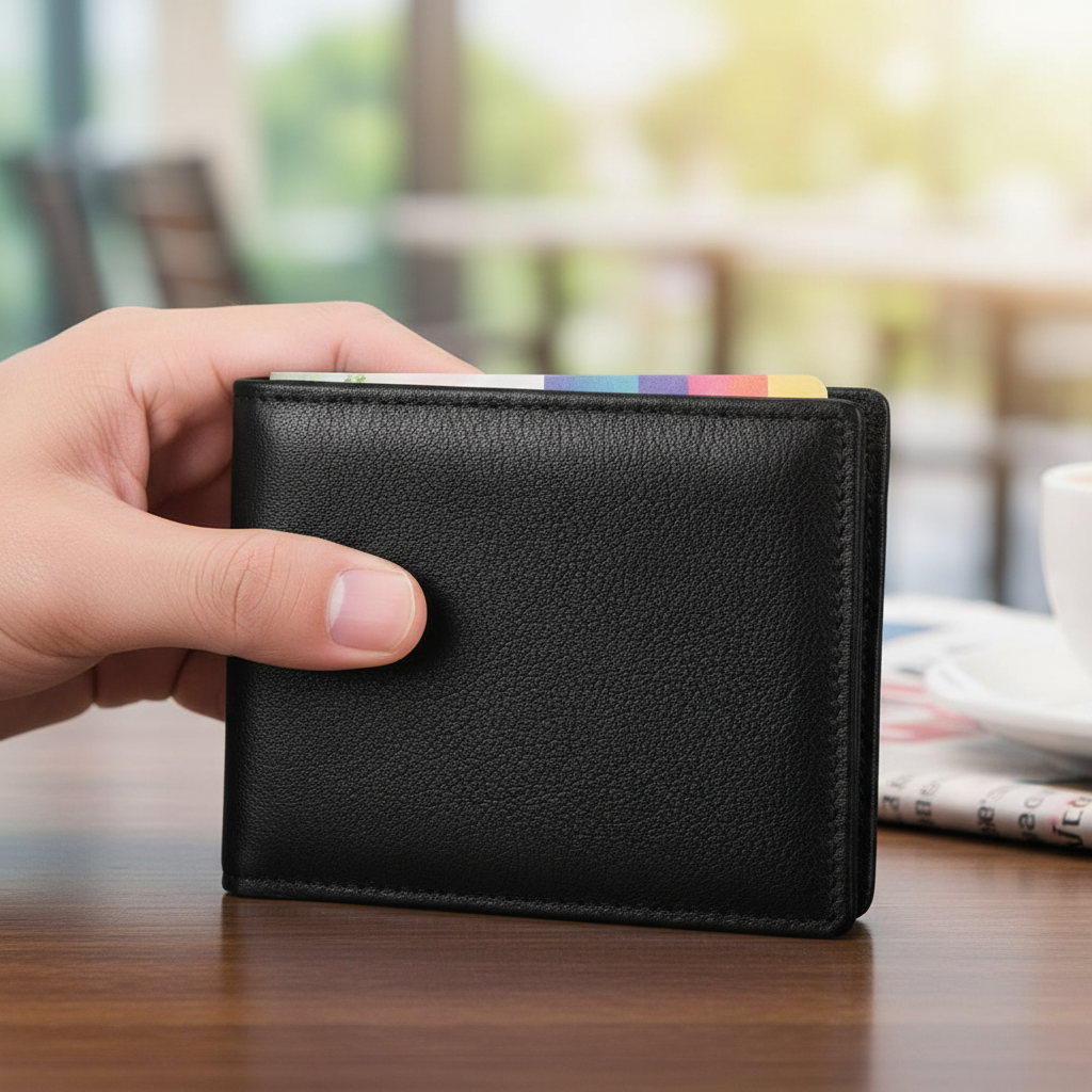 Męski czarny portfel bifold trzymany w dłoni na drewnianym stole