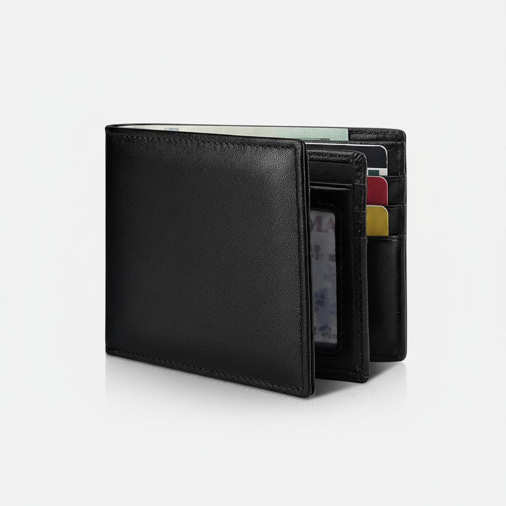 Czarny męski portfel bifold z zabezpieczeniem RFID otwarty