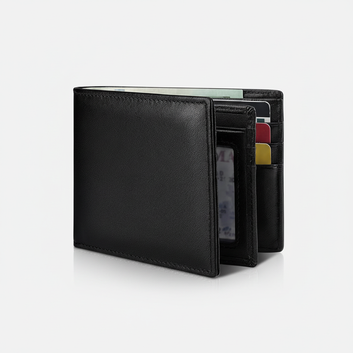 Czarny męski portfel bifold z zabezpieczeniem RFID otwarty