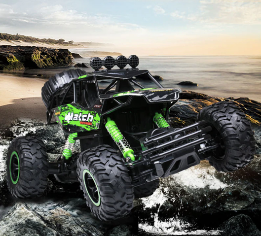 Dynamiczny, szybki samochód RC monster truck, zdalnie sterowany model dla pasjonatów off-roadu.