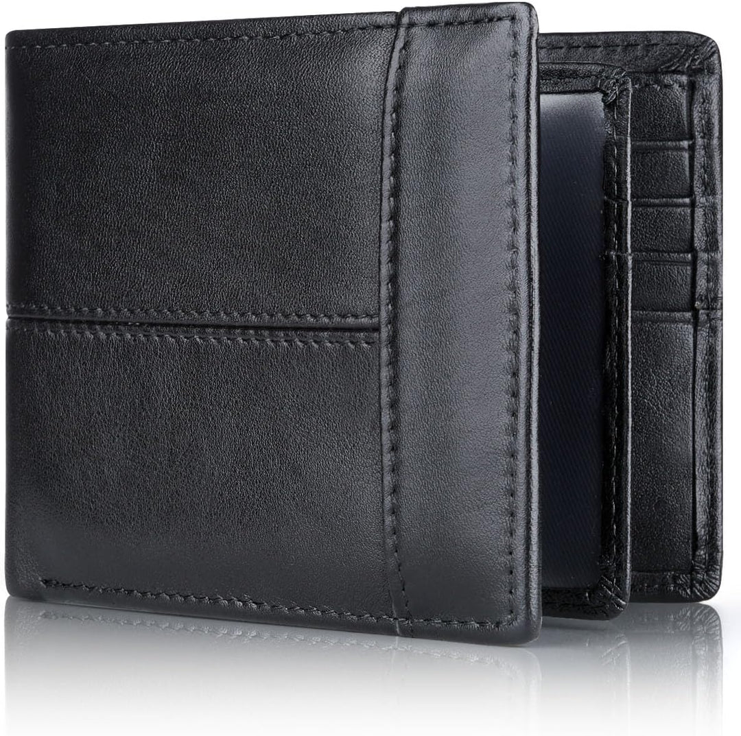 Męski portfel bifold w kolorze czarnym z widocznymi przegródkami na karty