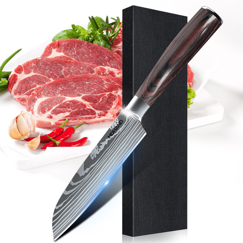 Nóż Santoku profesjonalny, stal damasceńska. Idealny do warzyw, mięs. Akcesoria kuchenne szefa.