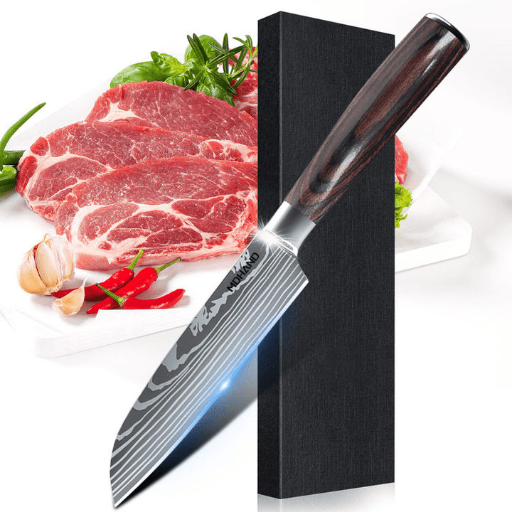 Nóż Santoku profesjonalny, stal damasceńska. Idealny do warzyw, mięs. Akcesoria kuchenne szefa.