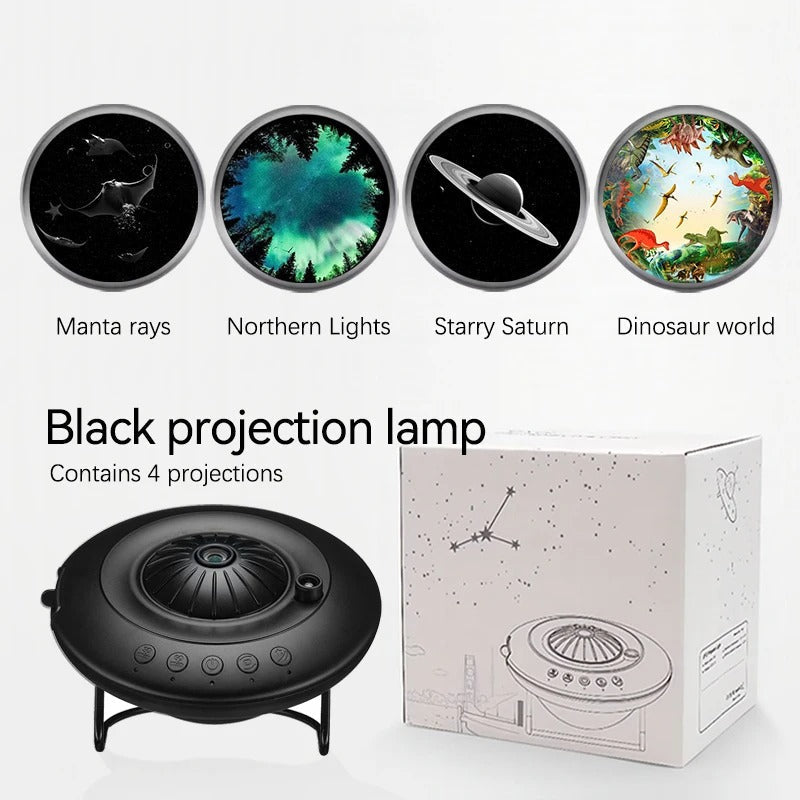 Magiczna projekcja galaktyk, gwiazd i planet na suficie. Idealne nocne niebo w pokoju.