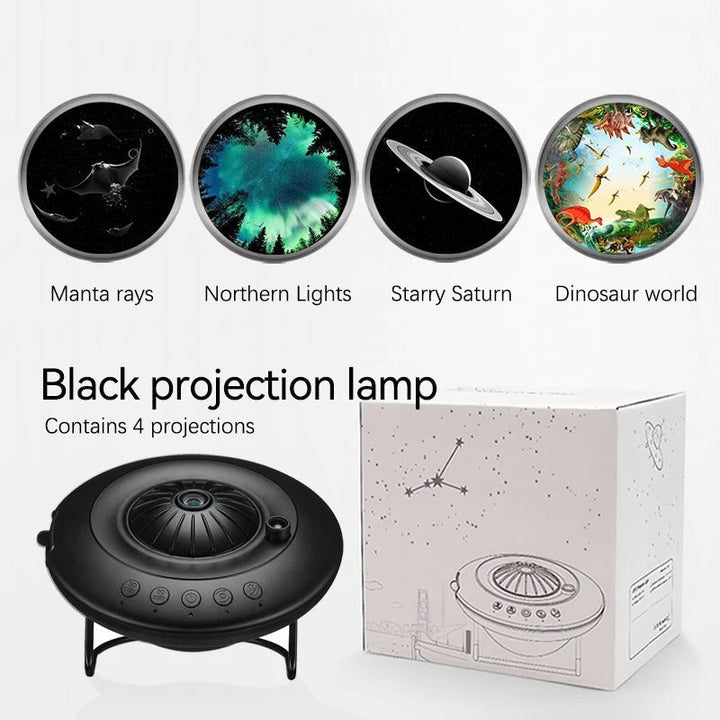 Magiczna projekcja galaktyk, gwiazd i planet na suficie. Idealne nocne niebo w pokoju.
