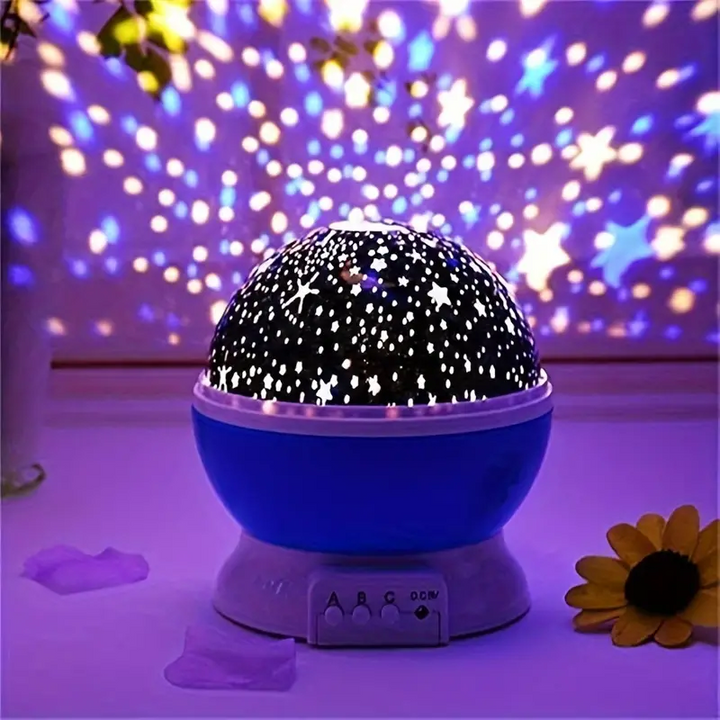 Nowoczesny projektor LED z funkcją lampki nocnej i efektem gwiaździstego nieba, z panelem sterowania.