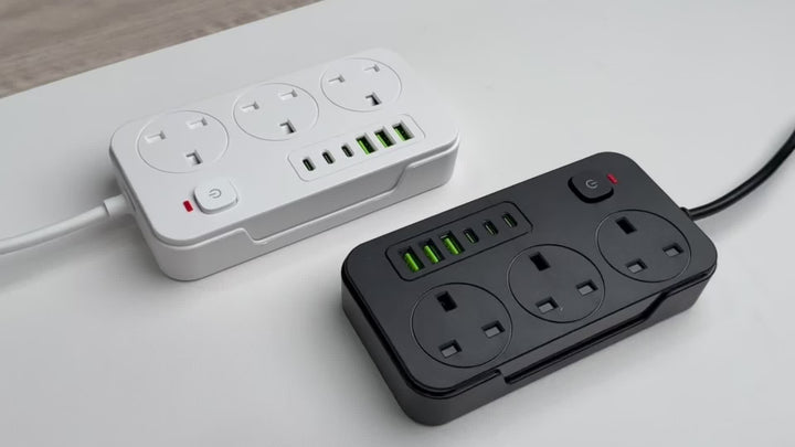 Elegancki przedłużacz zasilający z 6 portami USB i 3 gniazdami AC. Niezbędny do domu, biura i organizacji.