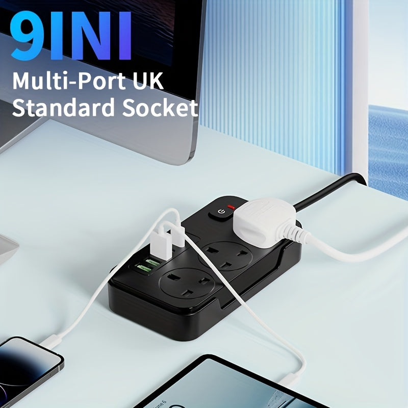 Biała listwa zasilająca z 3 gniazdami AC i 6 portami USB, uniwersalny rozgałęźnik do elektroniki w biurze.