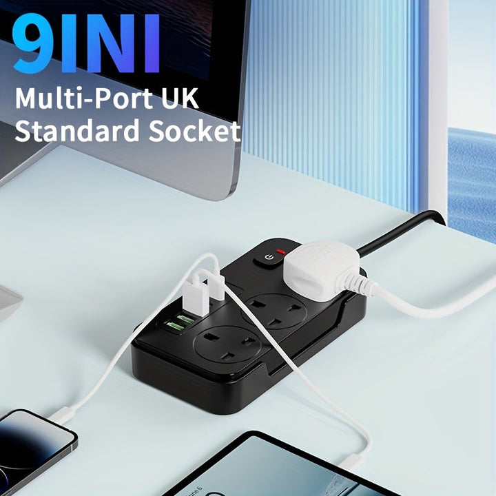 Biała listwa zasilająca z 3 gniazdami AC i 6 portami USB, uniwersalny rozgałęźnik do elektroniki w biurze.