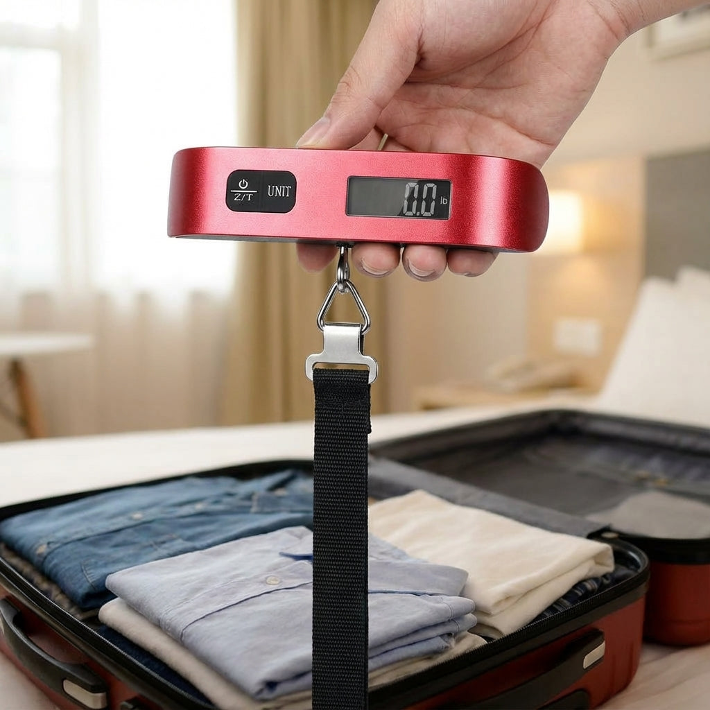 Przenośna cyfrowa waga ręczna do bagażu TravelWeigh, idealna do walizek i podróży samolotem.