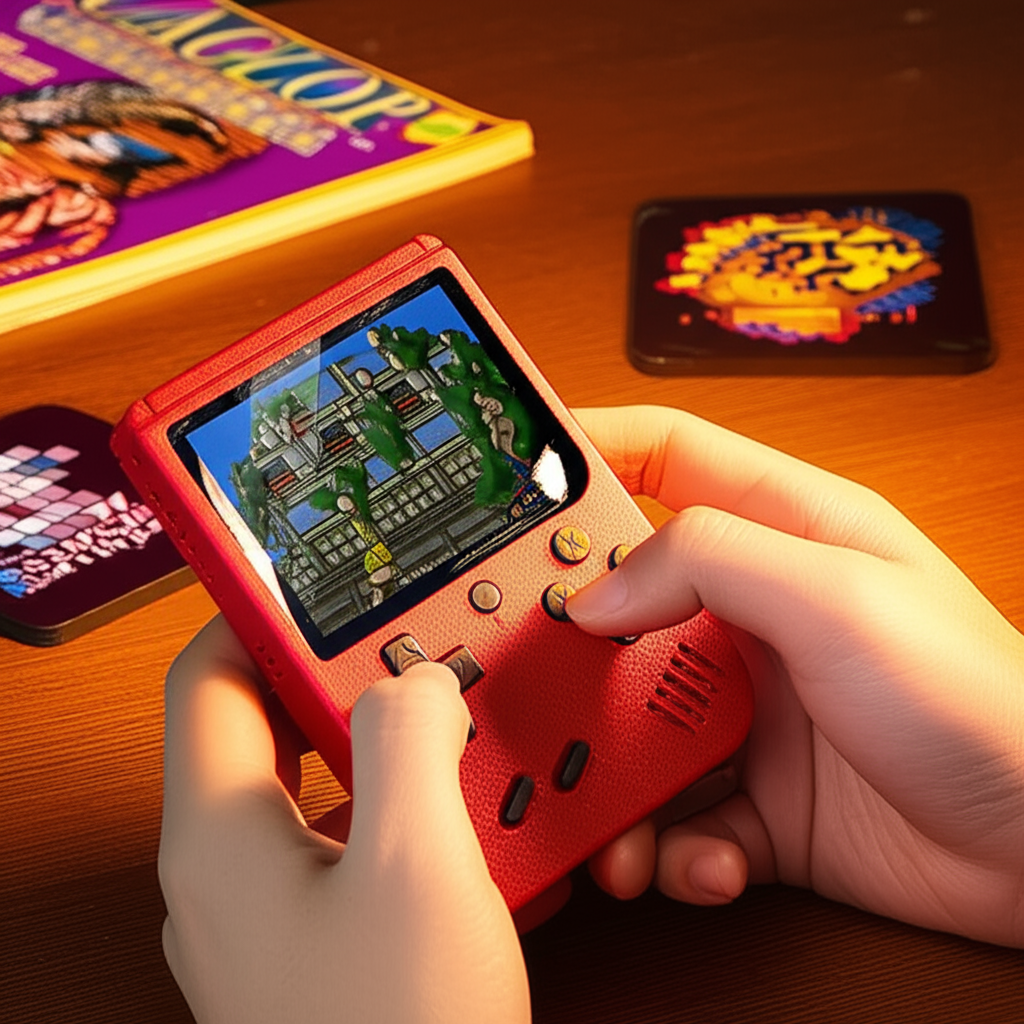 Przenośny handheld do gier retro, z 400 wbudowanymi klasykami, idealny do podróży i prezentów.