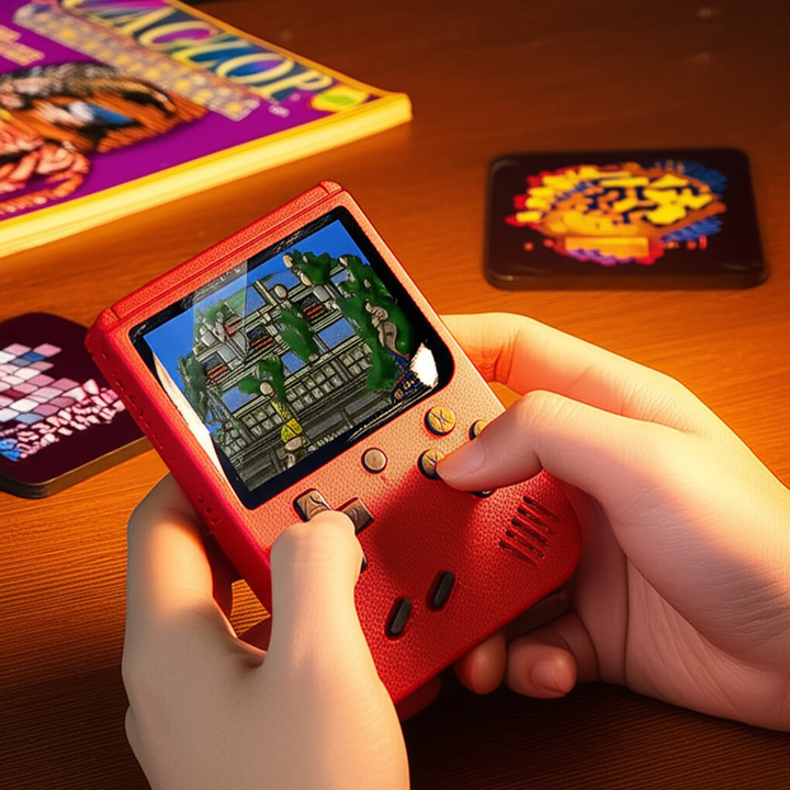 Przenośny handheld do gier retro, z 400 wbudowanymi klasykami, idealny do podróży i prezentów.