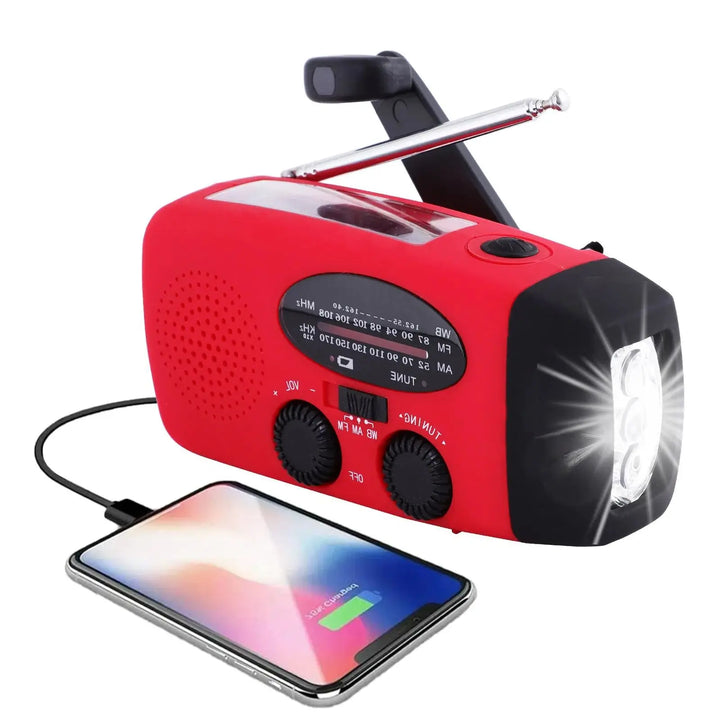 Przenośne radio awaryjne AM/FM z wbudowanym powerbankiem i latarką LED, idealne na kemping i survival.