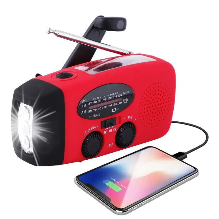 Radio awaryjne z powerbankiem, latarką LED i ładowaniem USB, niezastąpione w trudnych warunkach pogodowych.