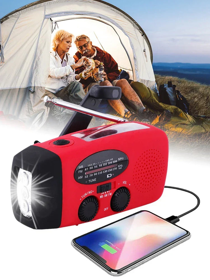 Przenośne radio AM/FM do odbioru komunikatów pogodowych, z powerbankiem i latarką, niezbędne w podróży.