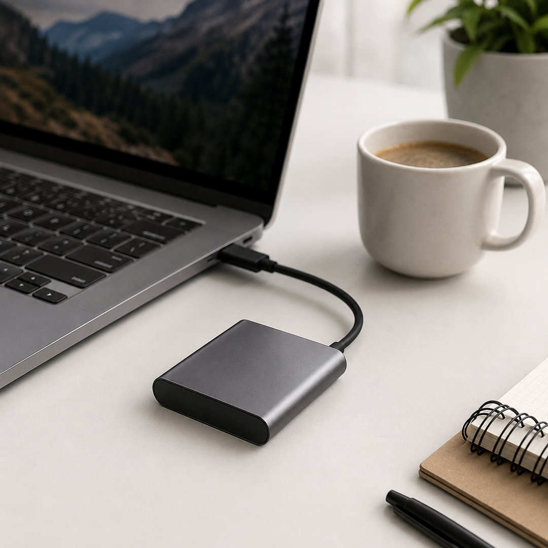 Srebrny, przenośny dysk SSD 2TB USB-C. Szybkie i bezpieczne przechowywanie cyfrowych danych.