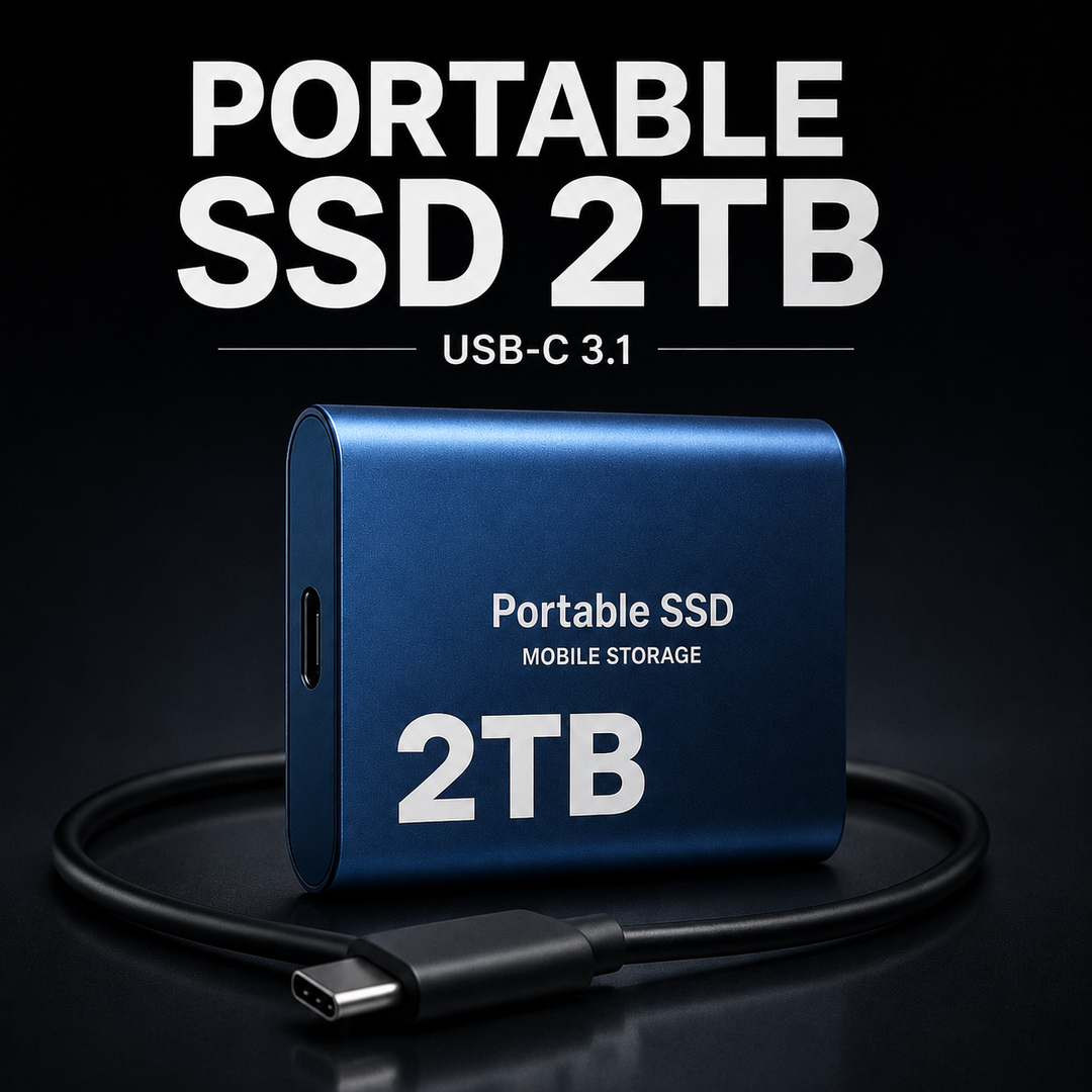 Elegancki, zewnętrzny dysk SSD 2TB z portem USB-C. Mały, ale pojemny storage.