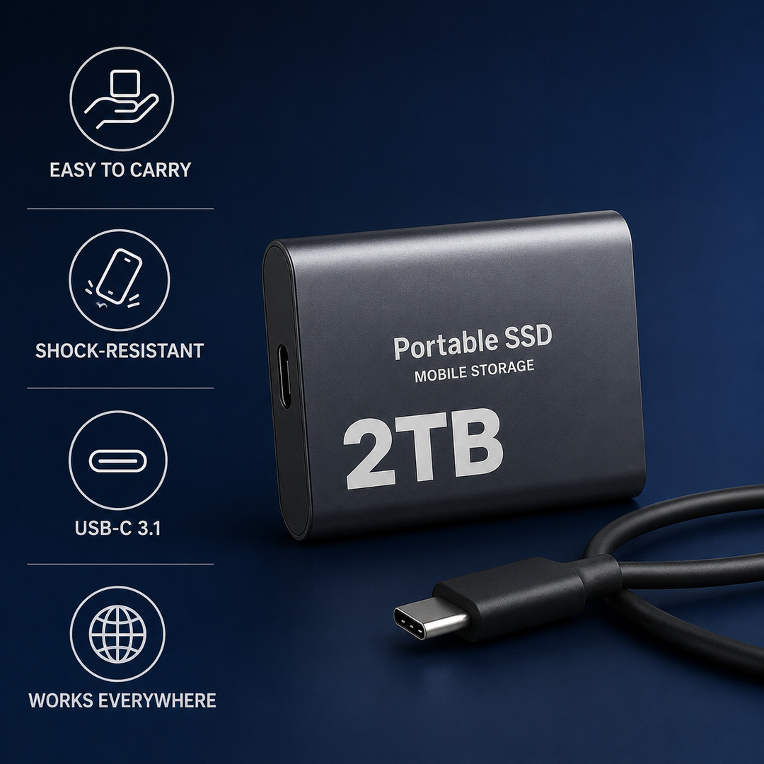 Miniaturowy dysk SSD 2TB z szybkim złączem USB-C. Rozszerz pamięć swojego urządzenia.