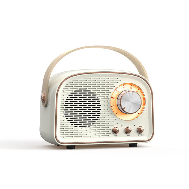 Przenośny głośnik Bluetooth retro z beżową obudową, idealny do muzyki w podróży i stylowego słuchania audio.