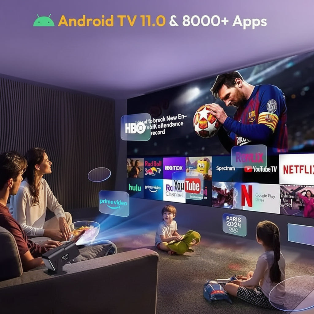 Inteligentny projektor domowy z obsługą 4K, WiFi, Bluetooth, idealny do strumieniowania filmów i gier.
