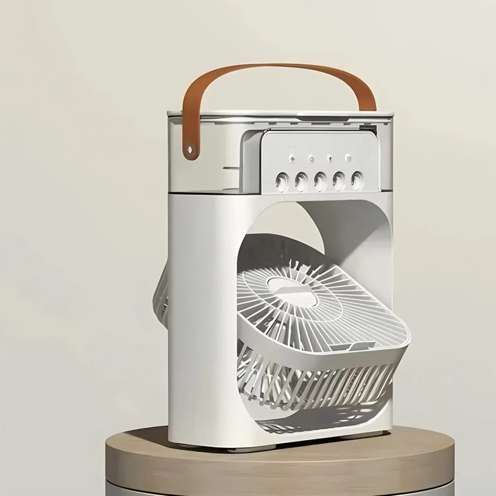 Mini klimatyzer przenośny 3w1 z podświetleniem LED, idealny do chłodzenia w domu lub biurze nocą.