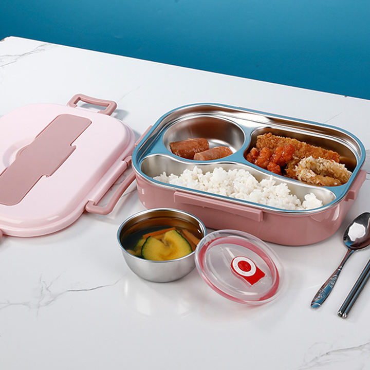 Kolorowy lunchbox z przegrodami na zorganizowane, świeże posiłki do szkoły i pracy.