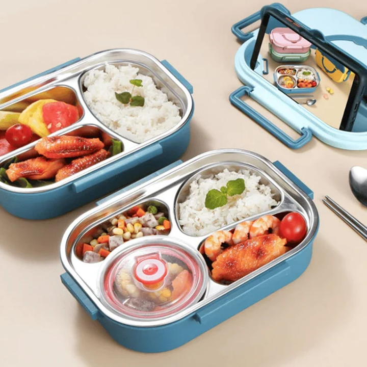 Elegancki, kolorowy lunchbox z przegrodami, przenośny pojemnik na jedzenie do pracy.