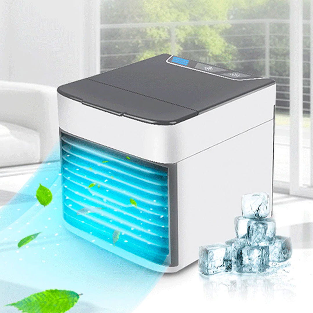 Przenośny mini klimatyzator z nawilżaczem i lampką LED, zapewniający chłodne i czyste powietrze w każdym miejscu.