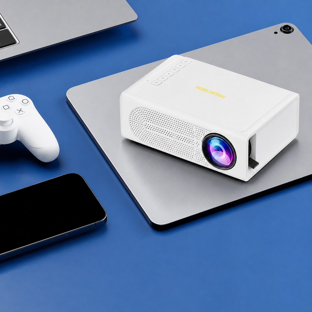 Przenośny mini projektor HD w plenerze, idealny do domowego kina, gier i prezentacji na wyjeździe.